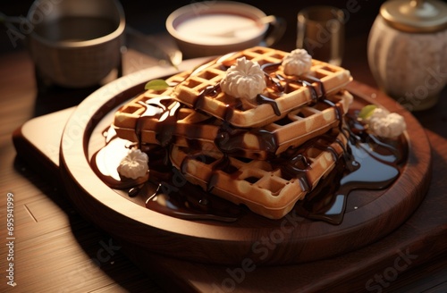 waffles on a black plate with whipped cream and caramel