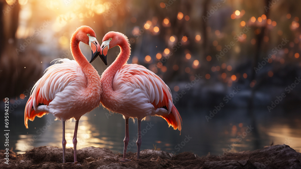 Heartbeat beautiful flamingos love each other, bokeh panorama, romantic landscapes, 8k resolution, national geographic photo, romantic emotion  - obrazy, fototapety, plakaty 