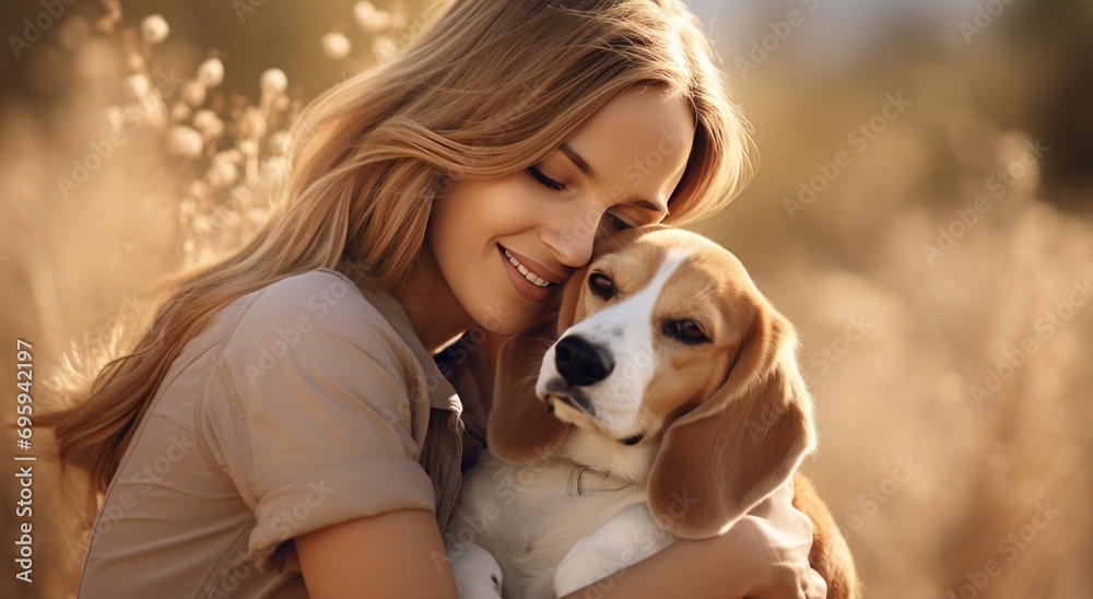 woman hugging a beagle while out in the wilderness woman hugging a beagle while out in the wilderness