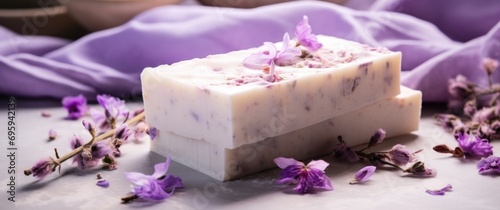 white soap squares with purple flowers on top