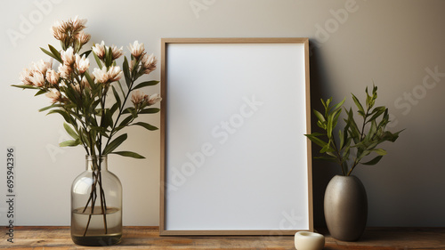 An empty poster frame mockup on the wall with natural bright light in the livingroom. photo