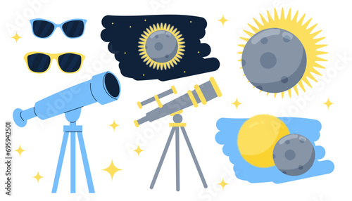 Solar Eclipse. Vector illustration. telescope and sunglasses