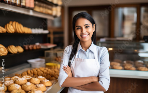 Young woman standing his own bakery shop photo
