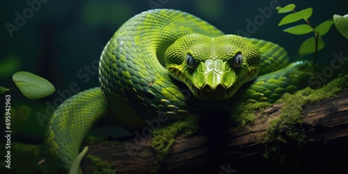 Green venomous snake on the tree