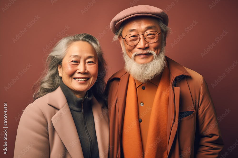 happy senior Asian couple in stylish autumn attire against a rich terracotta background, embodying a lifetime of togetherness happy senior Asian couple in stylish autumn attire against a rich terracotta background, embodying a lifetime of togetherness