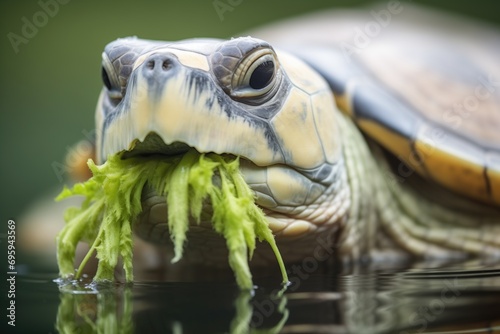 close view of a turtle in water with mouthful of greenery