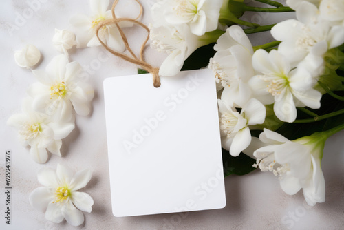 A mock-up of a white card and a tag lies on a table with spring flowers