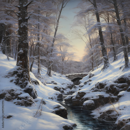 Winter landscape with snow-laden trees and a frozen stream © Cao