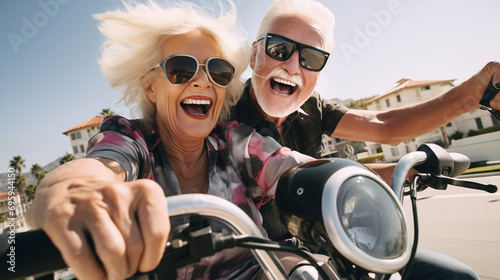 Retired senior couple on a motorcycle. 