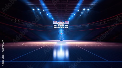 Basketball court stadium at night with lighting. 3d rendering