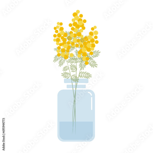 透明なガラスの花瓶に入った黄色いミモザの花のイラスト