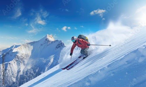 Skilled skier is skiing down from mountain in beautiful winter landscape