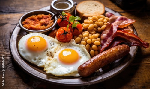 A typical British breakfast. Delicious breakfast plate with fried eggs, toast, bacon, sausage, beans