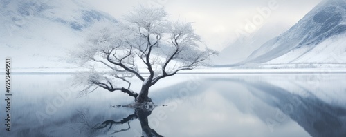 Frozen Tree alone in the middle of foggy lake, beautiful winter mountain landscape around.