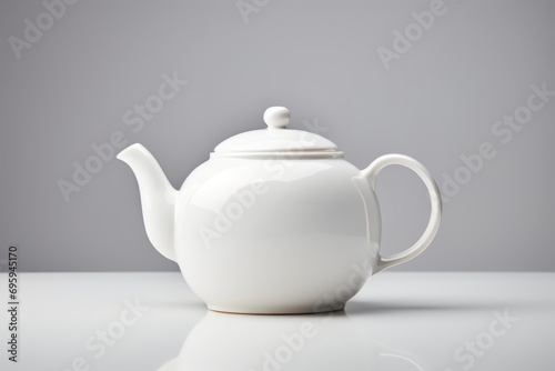 White teapot on a white table on a gray isolated background