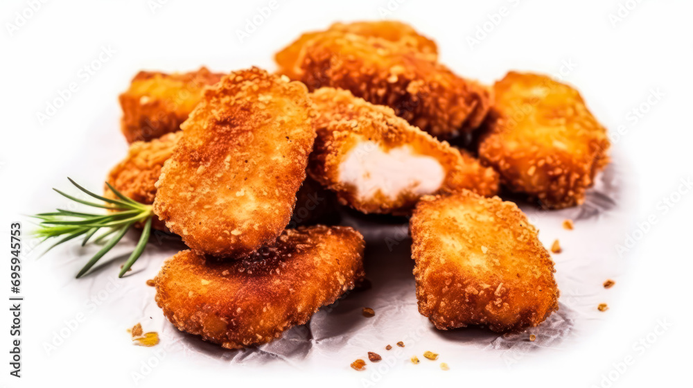 Crispy delight, Golden chicken nuggets temptingly arranged on a pristine white isolated background