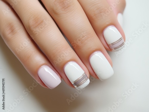 Beautiful manicure. Long almond shaped nails. Nail design. Manicure with gel polish. Close-up of the hands of a young woman with a gentle manicure on her nails. Bright nails with gel polish.