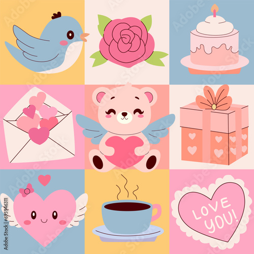 Valentines geometric seamless pattern. Colorful holiday icons elements. Modern romantic design for greeting cards, posters, wrapping, pack paper.