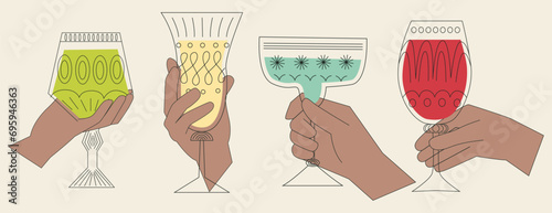 A set of alcoholic cocktails in glasses of different shapes. Hands hold drinks in different types of vintage glasses. Linear vector illustration. Cartoon retro style