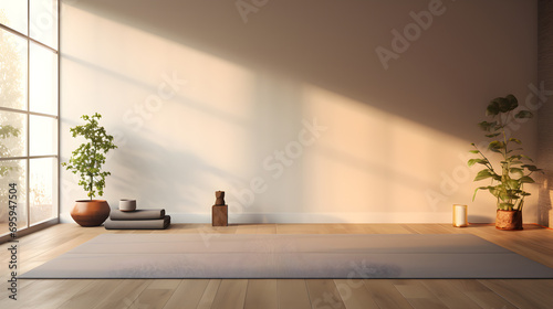 Minimalist Zen: Serene Yoga Space with Warm Sunlight and Greenery