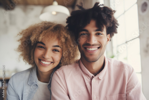 Young African American couple with curly hair sharing smiles in a cozy coffee shop, a casual urban date scene with a feeling of joy and togetherness photo