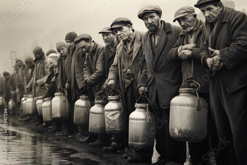 Hungry people, holding containers, waiting for free food in long line, great depression concept Generative AI  photo