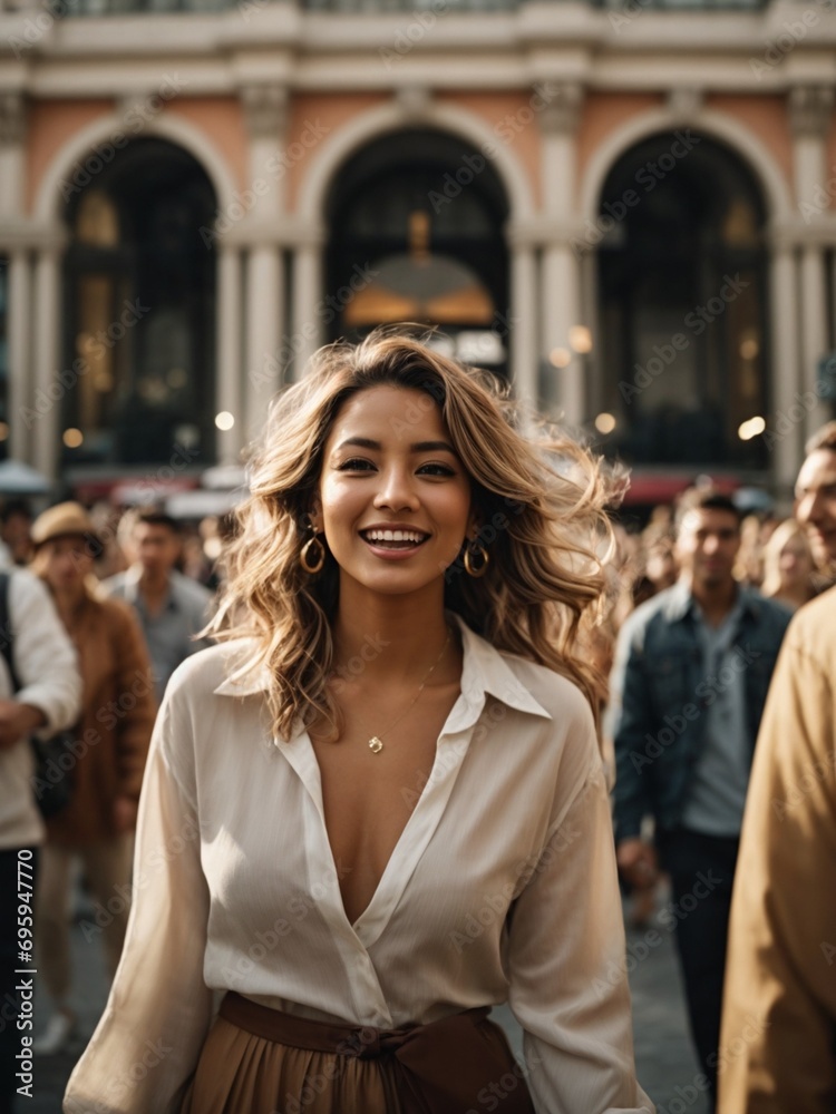 Beautiful happy woman in a crowded city square