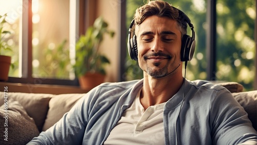Happy calm handsome man in headphones sit relax on comfortable couch listening to music, podcast, audiobook photo