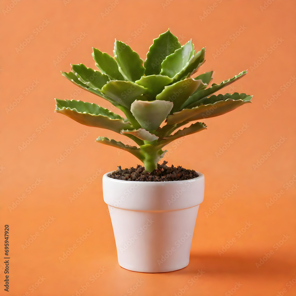 Kalanchoe plant in white pot isolated on orange background. ai generative Kalanchoe plant in white pot isolated on orange background. ai generative
