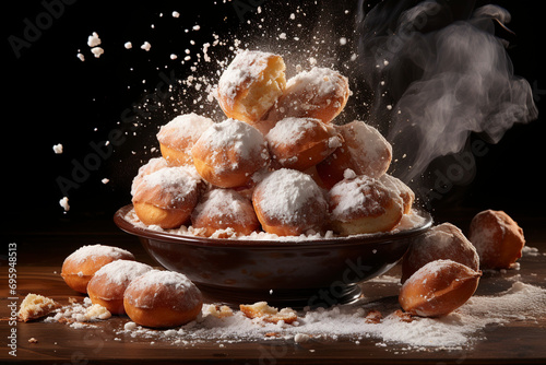 A bowl of Dutch oliebollen doughnuts dusted with powdered sugar. (Generative AI)