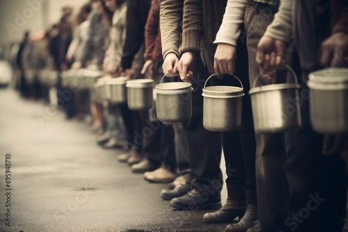 Hungry people, holding containers, waiting for free food in long line, great depression concept Generative AI 