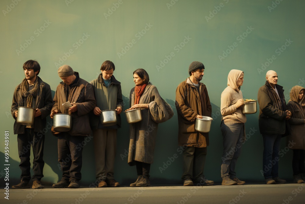 Fototapeta premium Hungry people, holding containers, waiting for free food in long line, great depression concept Generative AI 