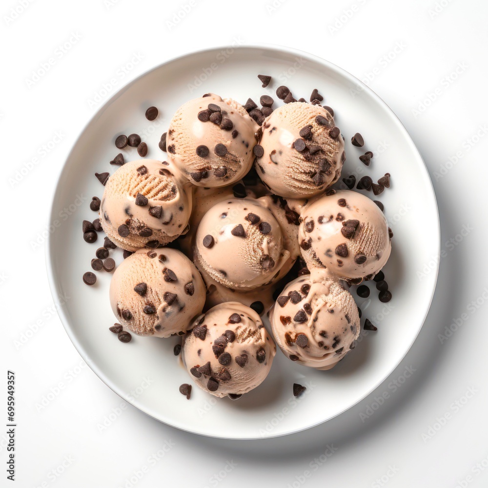 Plate of ice cream scoops with chocolate drops on white background, top view.