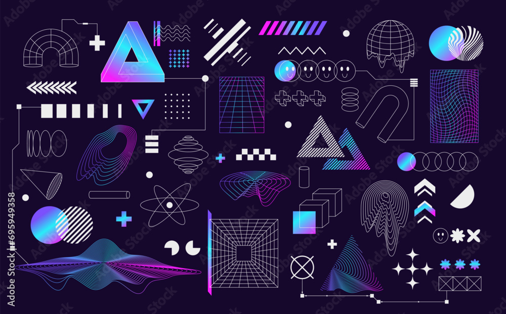 Abstract and geometric shapes, futuristic elements for design and decoration. Triangles and circles, spirals and grids with neon effects. Crosses and squares, arrows and smiling faces emoji
