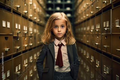 Cute small girl. Archivist filing cabinets. Generate Ai photo