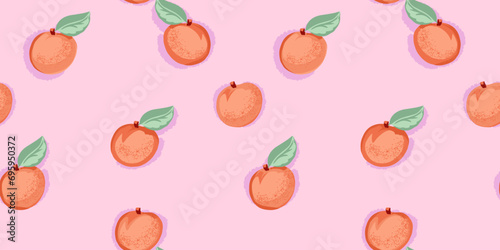 Fototapeta Naklejka Na Ścianę i Meble -  Creative graphic apricot or peach seamless pattern on a pastel pink background. Vector hand drawn sketch doodle. Summer fruits illustration for printing. Design for  fabric, fashion