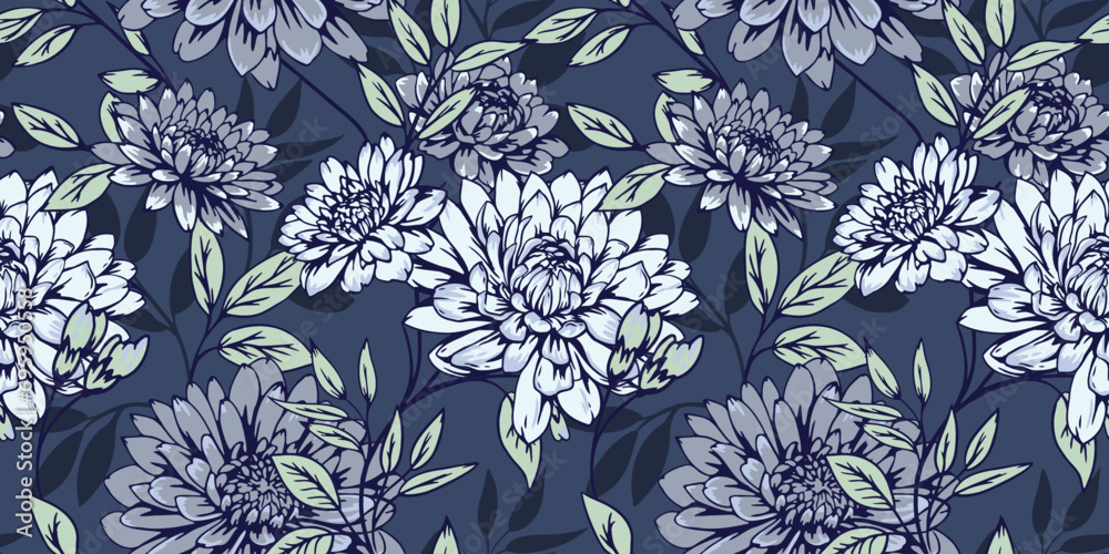 Fototapeta Creative artistic blooming flowers branches and leaves seamless pattern. Vector hand drawn. Abstract stylized dark blue floral print. Design for textile, fashion, surface design, fabric