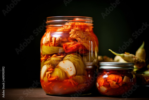 A glass jar of spicy fermented vegetables. (Generative AI)