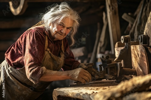 Carpenter old woman sawmill. Wood cabinet. Generate Ai
