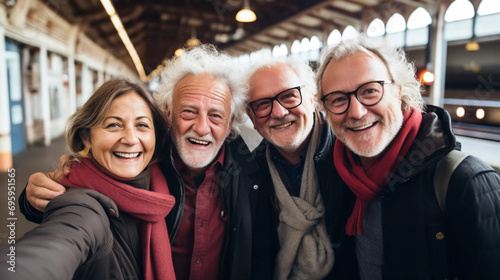 copy space, stockphoto, Group of senior friends taking selfies on a smartphone at the train station. Healthy elderly friends making a selfie in the railway station. Happy elderly people. Good life ins © Dirk