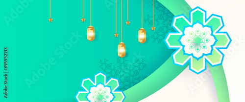 Green white and blue vector luxury and elegant banner template ramadan kareem traditional. Ramadan Kareem background for print, poster, cover, brochure, flyer, banner.