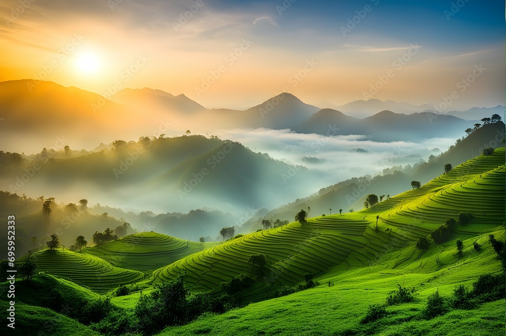 Mountains under mist in the morning Amazing nature scenery 