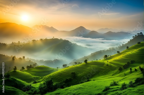 Mountains under mist in the morning Amazing nature scenery 