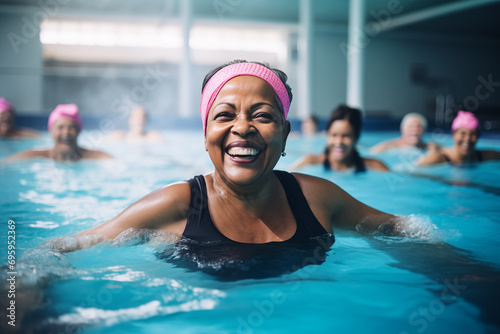 A smiling  joyful  elderly Afro woman with a bright pink headband and a black one-piece swimsuit is doing gymnastic exercises in the pool with a group of women of all ages.