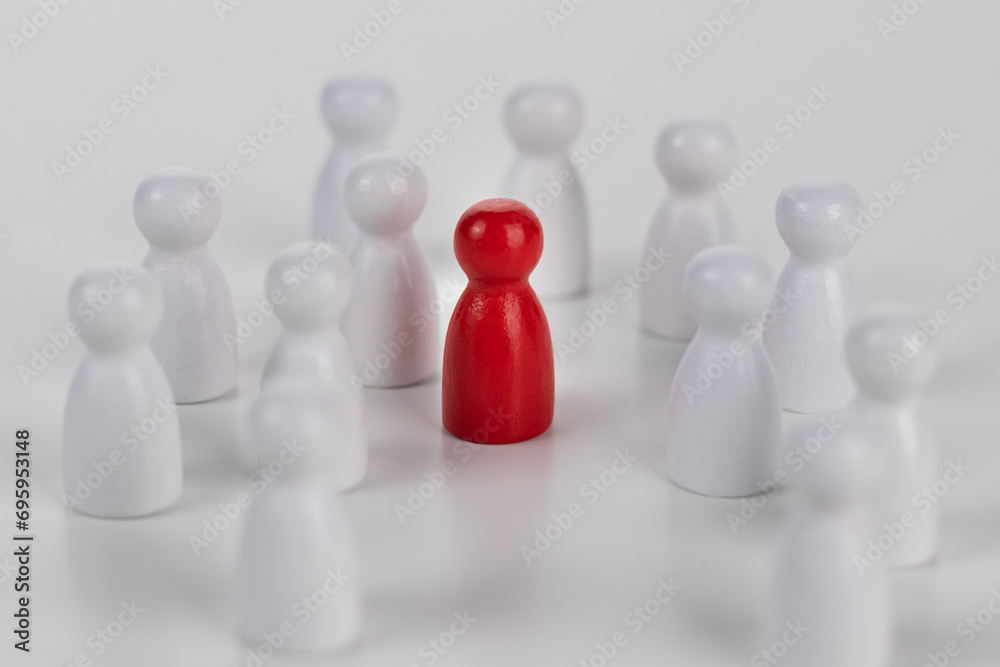 Leadership concept, wood person red color Stand out from the crowd and different creative idea and success of business leader,teamwork performance,Human resource,Talent management,Recruitment employee