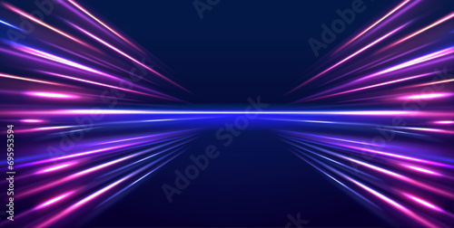 Lines in the shape of a comet against a dark background. Illustration of high speed concept. Motion light effect for banners. The effect of speed on a blue background. photo