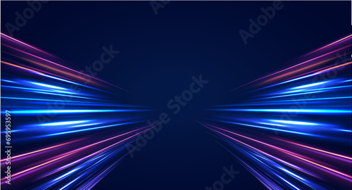 Panoramic high speed technology concept, light abstract background. Abstract neon background with shining wires. 