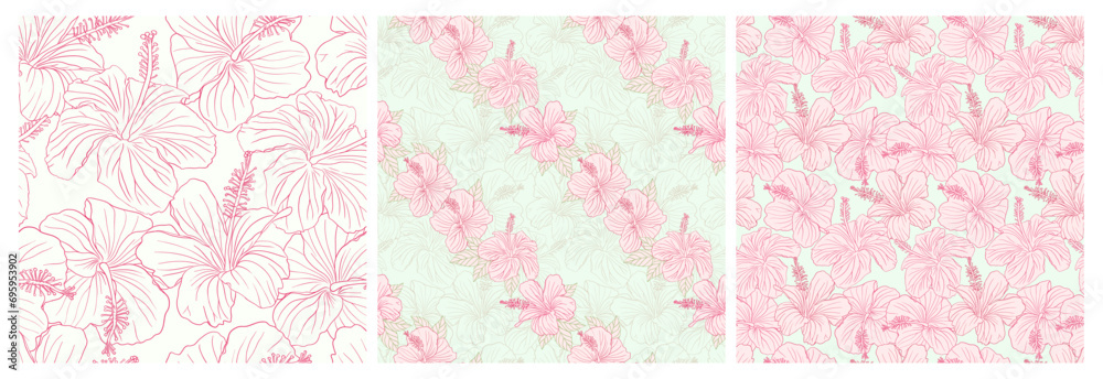 Hibiscus pink flower silhouette and line art seamless pattern set for textile, fabric, wallpaper or scrapbook paper. Hand drawn floral tropical illustration, botanical greenery vector background.