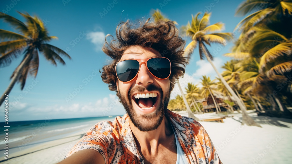 Happy laughing tourist man taking selfie with smart mobile phone outside enjoying summer vacation at the beach, Travel life style - obrazy, fototapety, plakaty 