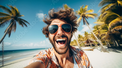 Happy laughing tourist man taking selfie with smart mobile phone outside enjoying summer vacation at the beach, Travel life style photo